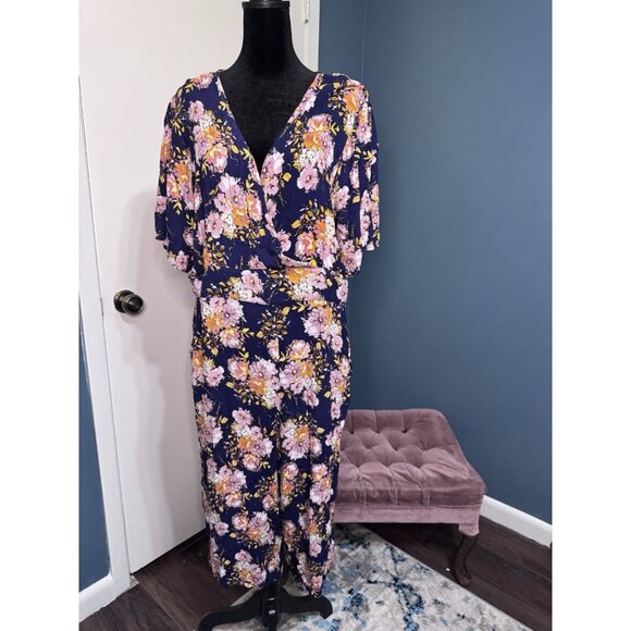 Umgee Jumpsuit L Navy Floral Boho Cottagecore Romper Pockets Stretch - Picture 1 of 11